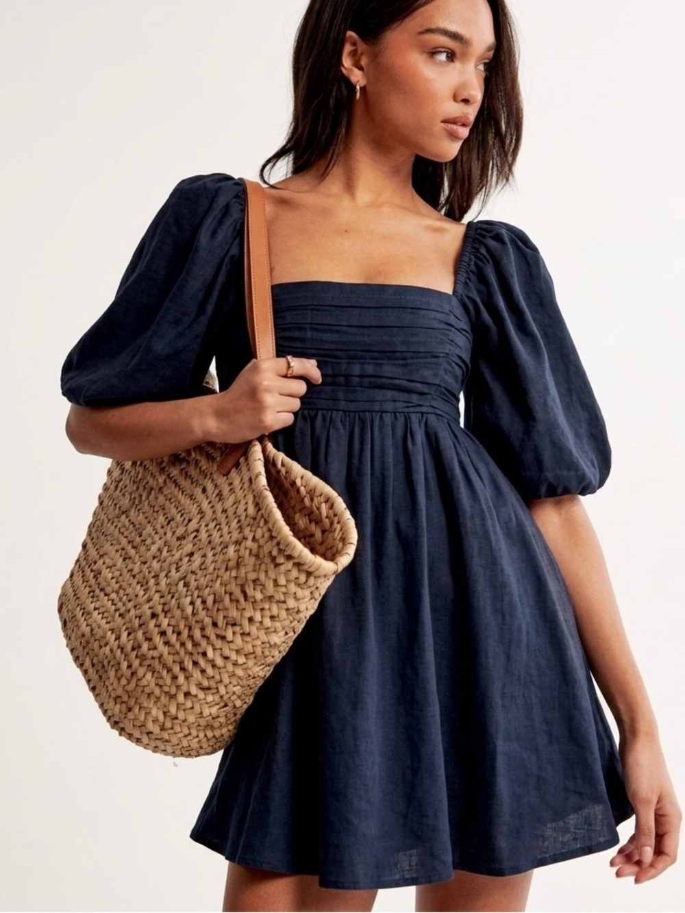 Abercrombie & Fitch Emerson Poplin Puff‑Sleeve Mini Dress – Navy, Size Small 